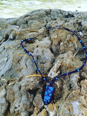 Handmade macrame necklace with marble stone, blue