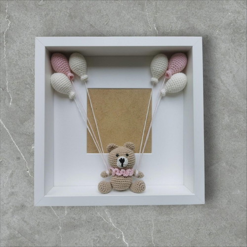 Knitted birth keepsake frame pink teddy bear made to order