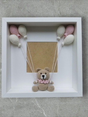 Knitted birth keepsake frame pink teddy bear made to order