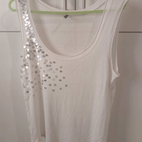 Benetton sleeveless top with birds used, white and grey, sizes L/XL