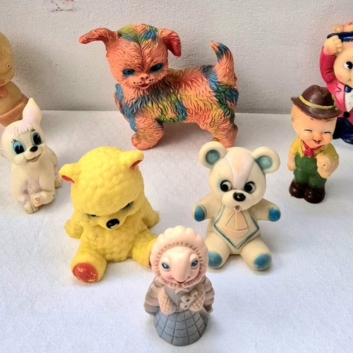 Vintage squeaky toys set of 8, used plastic and rubber figures