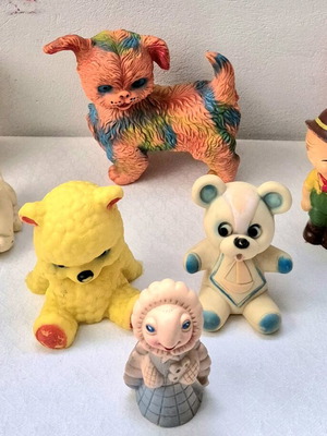 Vintage squeaky toys set of 8, used plastic and rubber figures