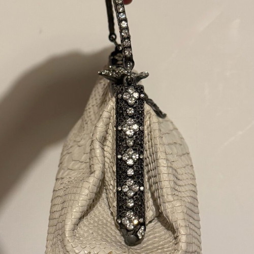 Vintage leather Besso evening bag with rhinestones like new, white