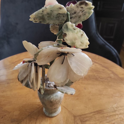 Vintage Chinese tree made of Jade and Rose Quartz stones, hand-carved, used