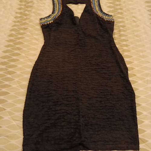 Women's dress black elastic with blue gold beads like new, size L
