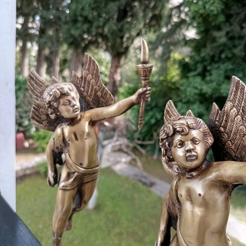 Bronze antique statues pair like new, winged angels with torches 1820