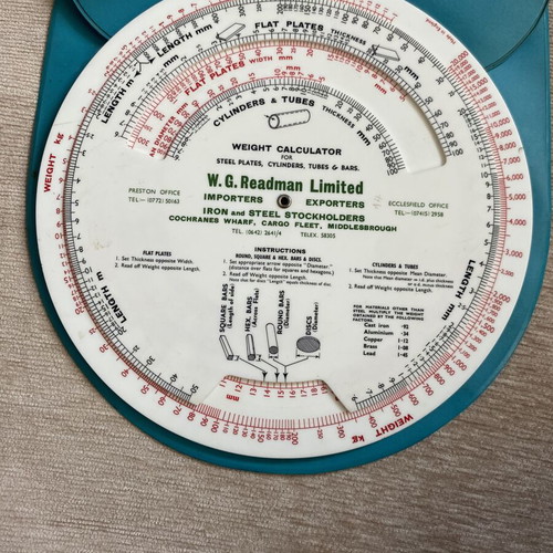 Vintage weight calculator used for steel plates, cylinders, tubes, bars