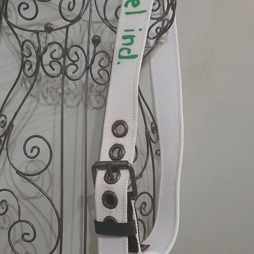 Diesel canvas belt used, white with brass studs and leather details