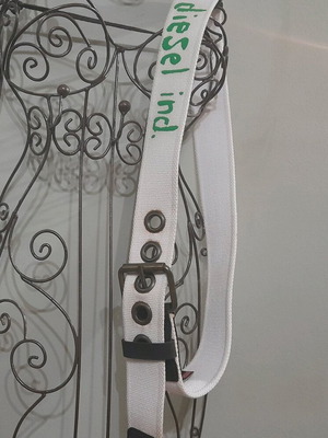 Diesel canvas belt used, white with brass studs and leather details