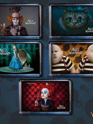 Alice in Wonderland fridge magnets set of 5, 7.5 x 5 cm, new