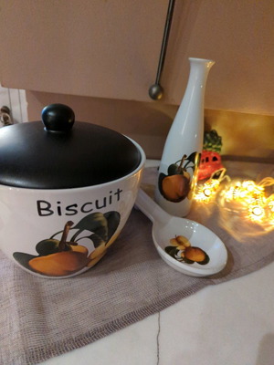 Ceramic biscuit jar set used with spoon and bottle