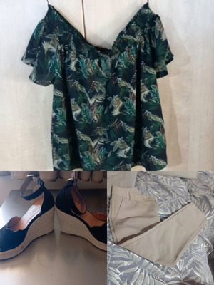 Women's outfit set like new with beige pants, tropical blouse, and black platform shoes