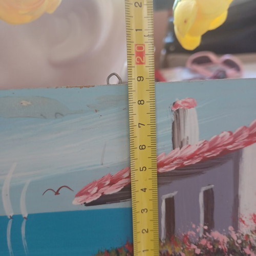 Handmade painting of Greek island with sea view used