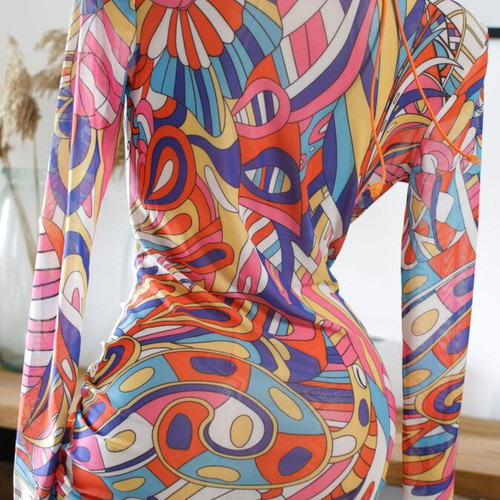 Beachwear set with bikini and fitted bodycon dress in psychedelic pattern new