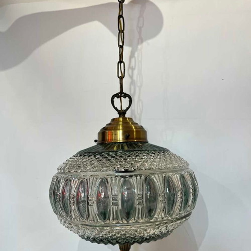 Vintage ceiling light made of blown glass with embossed pattern and brass details from the 60s used