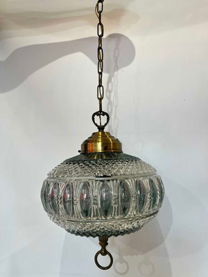 Vintage ceiling light made of blown glass with embossed pattern and brass details from the 60s used