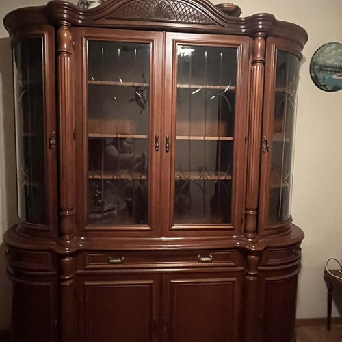 Showcase cabinet, divan chest, TV stand and round wooden dining table
