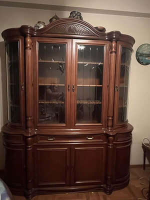 Showcase cabinet, divan chest, TV stand and round wooden dining table