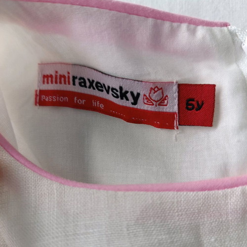 Mini Raxevsky linen dress white with pink ribbon like new, size 6 years