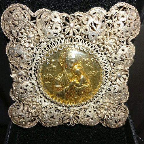 Filigree religious icon Virgin Mary gilded silver 925 like new