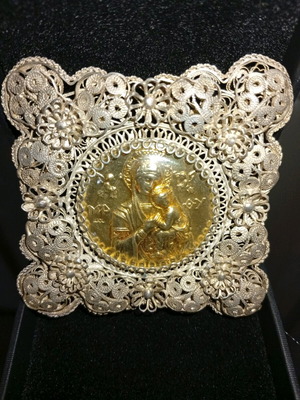Filigree religious icon Virgin Mary gilded silver 925 like new