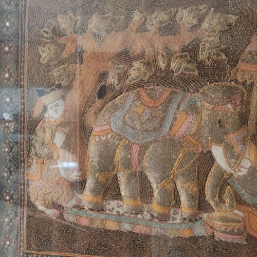Burma embroidered textile painting from India used, 100x70 framed with glass