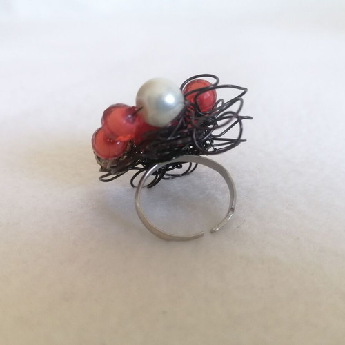 Handmade ring new with black, red and silver beads