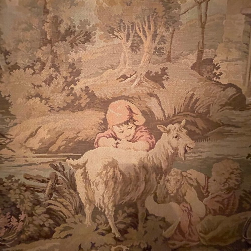Antique tapestry used, Aubusson style, François Boucher artwork