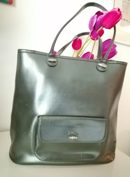 Μεγάλη τσάντα ώμου LONGCHAMP le roseau αυθεντική δερματινη γκρι μεταλλικό