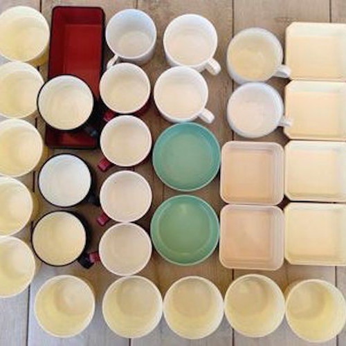 Collection of used airplane food containers, set of 31, airline brands