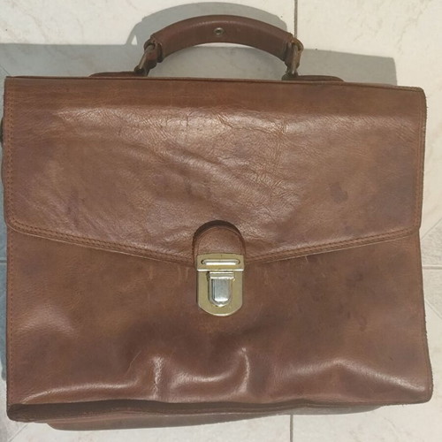 Leather briefcase brown used, handmade 30x35 cm
