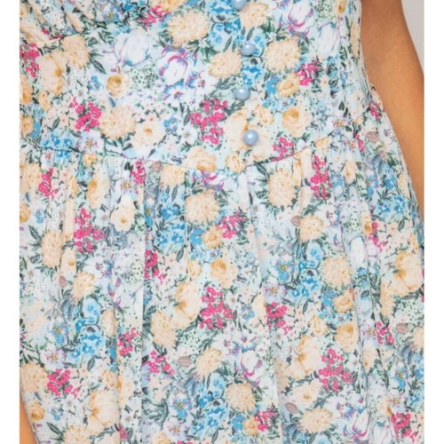 New beige and blue wrap dress with decorative buttons, one size