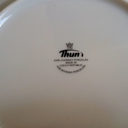Vintage porcelain platter with six Bohemia Thun plates in excellent condition