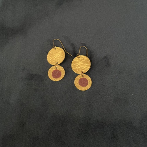 Handmade earrings in gold tone like new with purple enamel detail