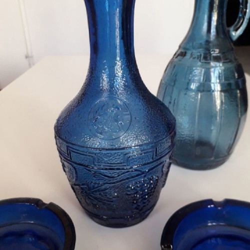 Blue blown glass vase set with two ashtrays and water or wine jug