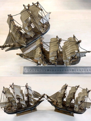 Wooden sailing ships used, set of 2, 22 cm each