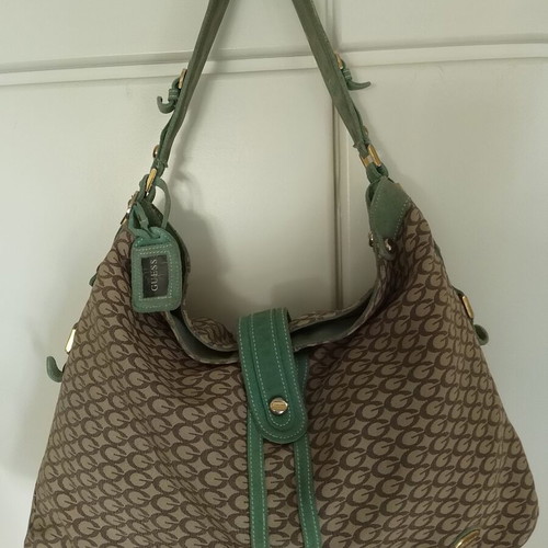 Guess shoulder bag like new, beige canvas and leather, mint green