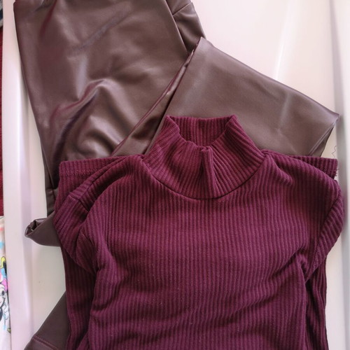Eco Leather Leggings and Textured Knit Polo Set, New, Size S, Bordeaux