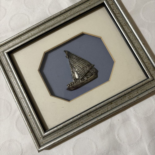 Vintage photo frame with silver sailboat