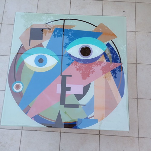 Modern deco coffee table with colored glass and iron, Bowie Bauhaus White by Jack Smith, like new
