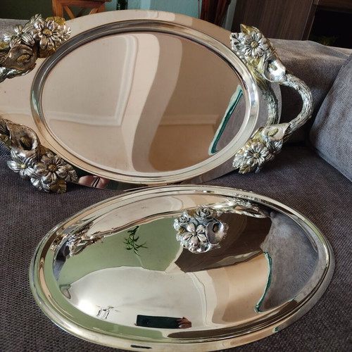 Metal serving platter with lid used, vintage 90s decorative tray