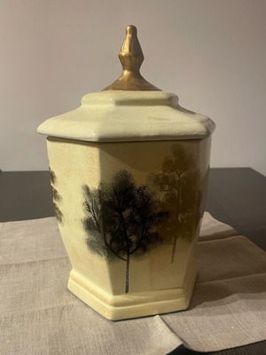 Ceramic jar decorative with hand-painted forest scene like new