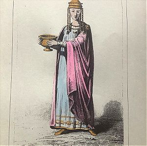 Θεωδώρα Βυζαντινή ΑΥΤΟΚΡΑΤΗΡΑ  σύζυγος του Αυτοκράτορα του Βυζαντίου  Ιουστινιανού  επιχρωματισμενη ξυλογραφία  διαστάσεις 17x24cm