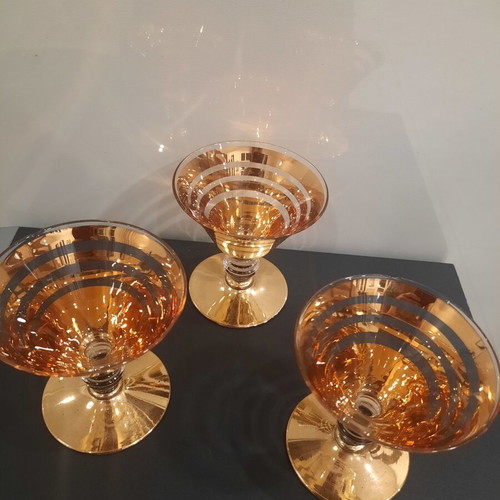 Vintage cocktail or sherbet glasses used, 1920-1950, gold stripes, ribbed stem