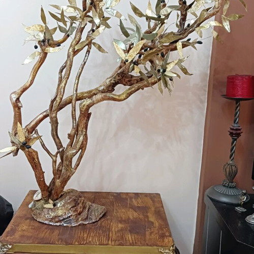 Decorative olive tree handmade from driftwood and metal