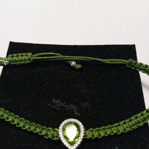 Macrame Bracelet Green with Peridot 7x9 and White Zircons Silver 925 New