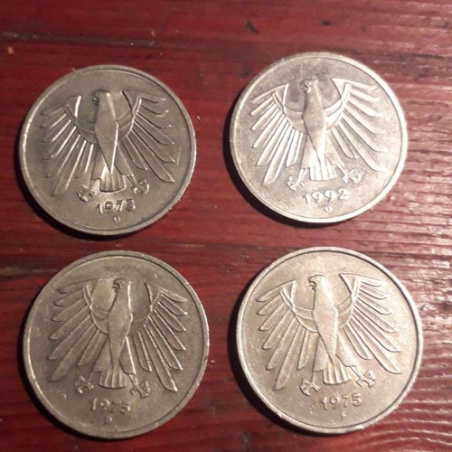 5 Marks coins used, pack of 4, 1973, 1975, 1992 D
