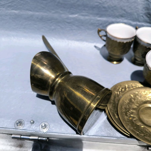 Set of 6 vintage coffee cups with copper saucers, bases and briki like new