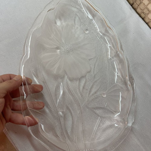 Vintage glass platter leaf-shaped with satin flowers XL used