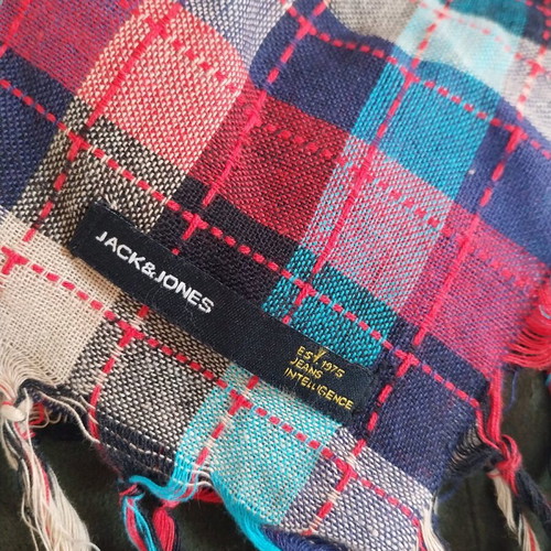 Vintage Jack & Jones scarf square fringed multicolor plaid like new
